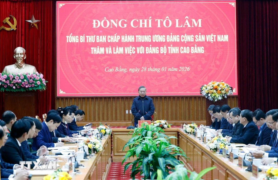 Tổng Bí thư Tô Lâm phát biểu tại buổi làm việc với Ban Chấp hành Đảng bộ tỉnh Cao Bằng.