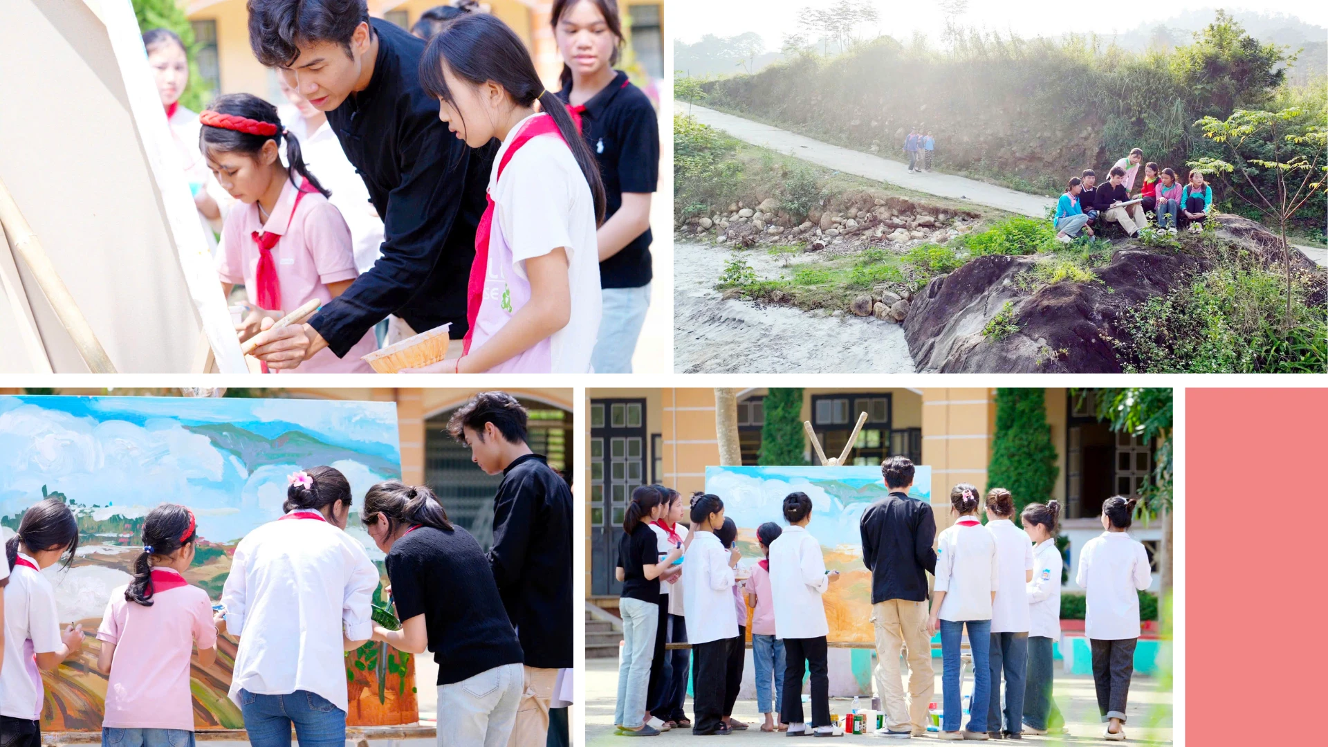 Họa sĩ Vàng Hải Hưng cùng các em học sinh Trường PTDTBT THCS và THPT Bát Xát vẽ bức tranh "Hồi sinh".