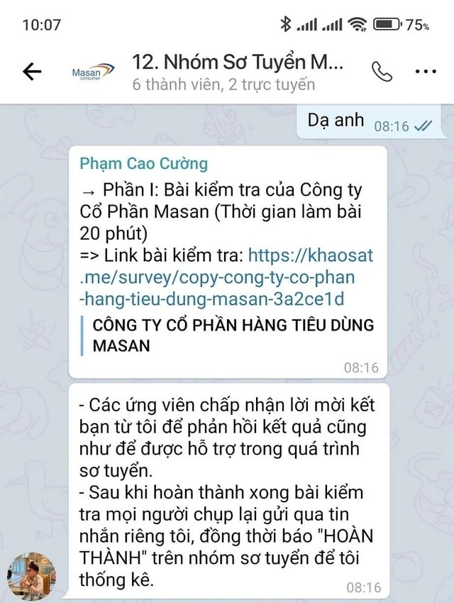 Nhóm phỏng vấn trực tuyến có tên "Nhóm sơ tuyển Masan" yêu cầu ứng viên tham gia và hoàn thành các nhiệm vụ nhằm tạo lòng tin với mục đích lừa đảo.