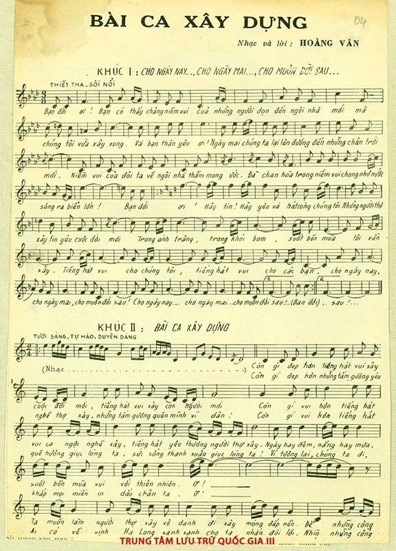 Ca khúc "Bài ca xây dựng", bản thảo lưu giữ tại Trung tâm Lưu trữ Quốc gia 3.