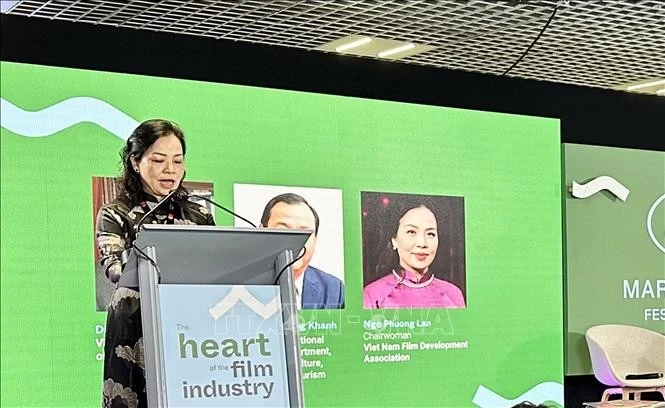 Bà Ngô Phương Lan, Chủ tịch Hiệp hội Xúc tiến phát triển Điện ảnh Việt Nam, phát biểu tại Hội thảo.