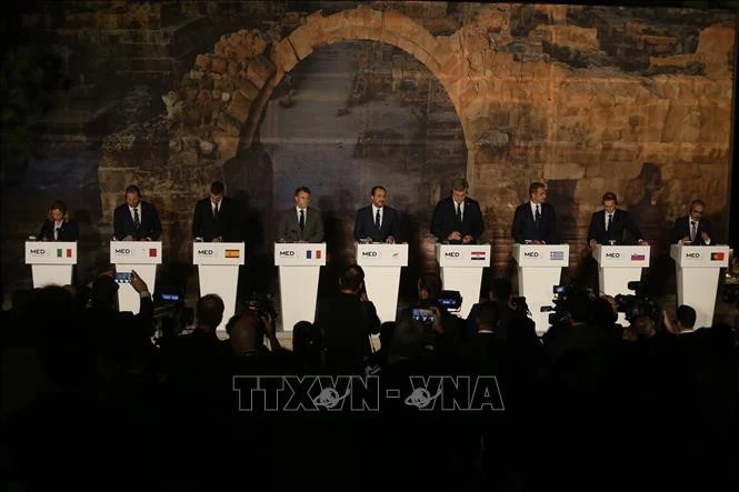 Các nhà lãnh đạo tại cuộc họp báo sau Hội nghị thượng đỉnh MED9 ở Paphos, CH Cyprus, ngày 11/10/2024.