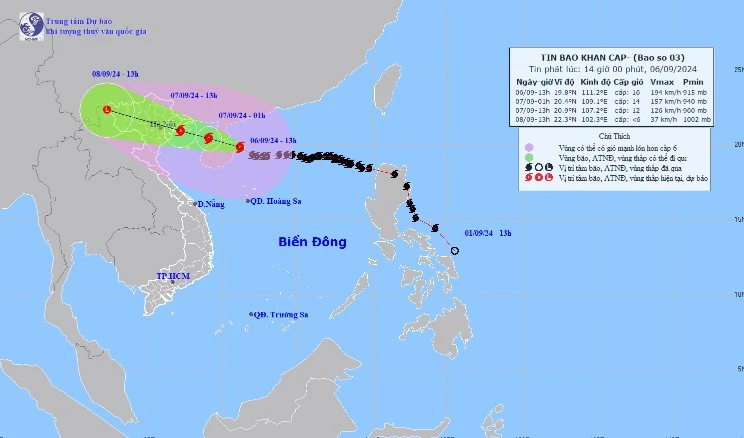 Đường đi của bão số 3 Yagi, cập nhật đến chiều 6/9. Nguồn: nchmf