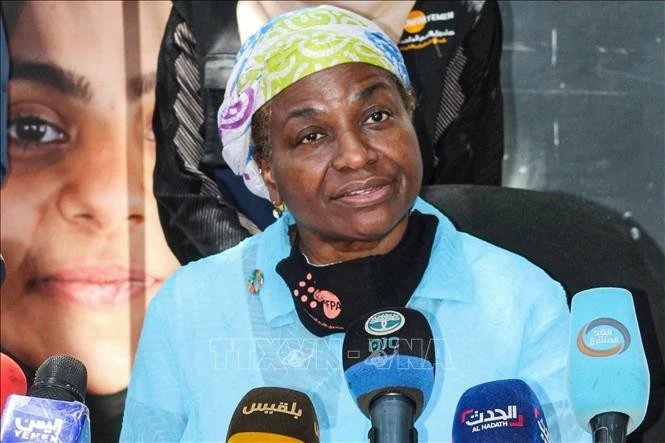 Giám đốc điều hành của Quỹ Dân số Liên hợp quốc (UNFPA) Natalia Kanem trong cuộc họp báo tại Aden, Yemen, ngày 20/3/2021. Ảnh tư liệu: AFP/TTXVN