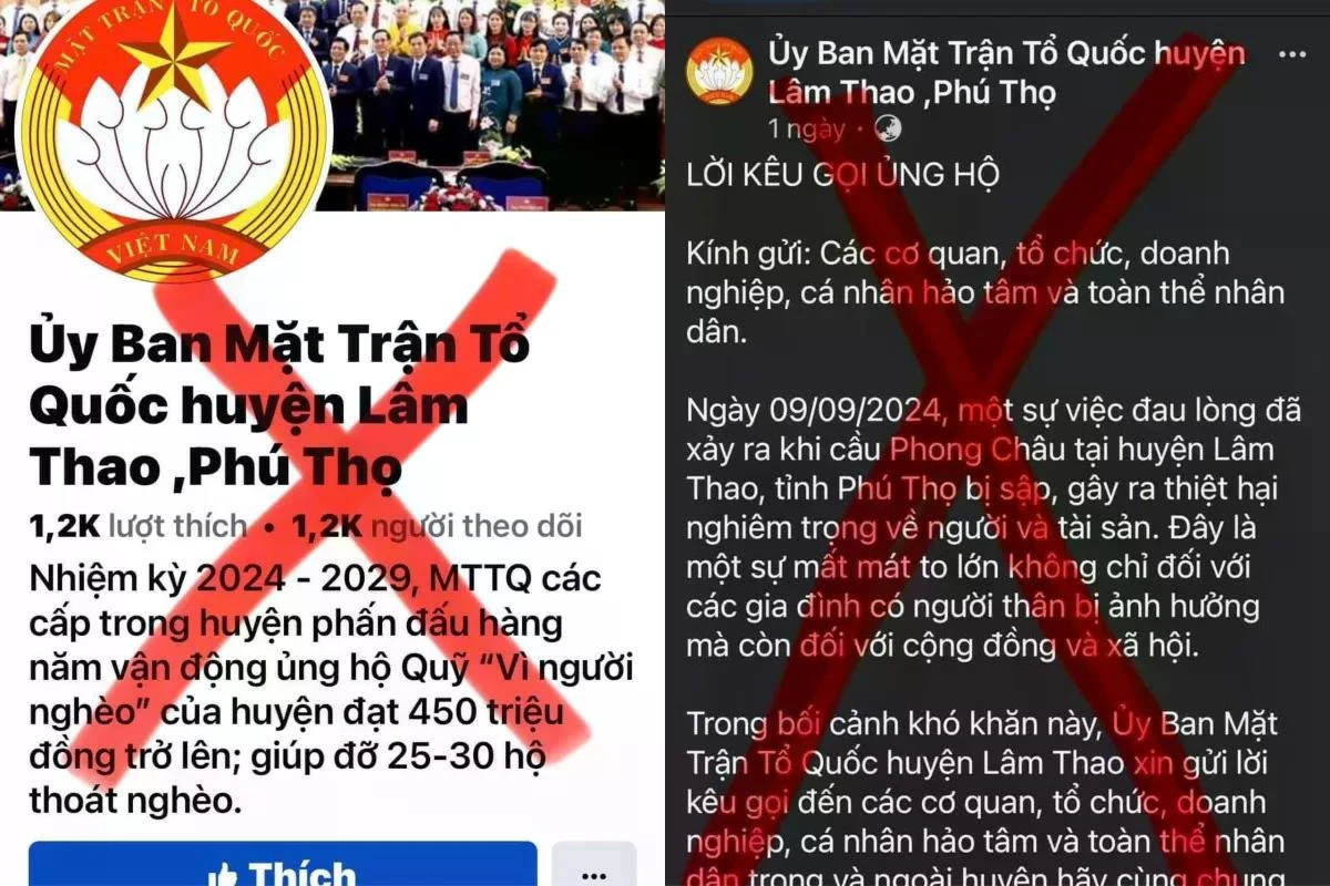 Fanpage trên Facebook đã giả mạo Ủy ban Mặt trận Tổ quốc Việt Nam huyện Lâm Thao, tỉnh Phú Thọ (Ảnh màn hình).