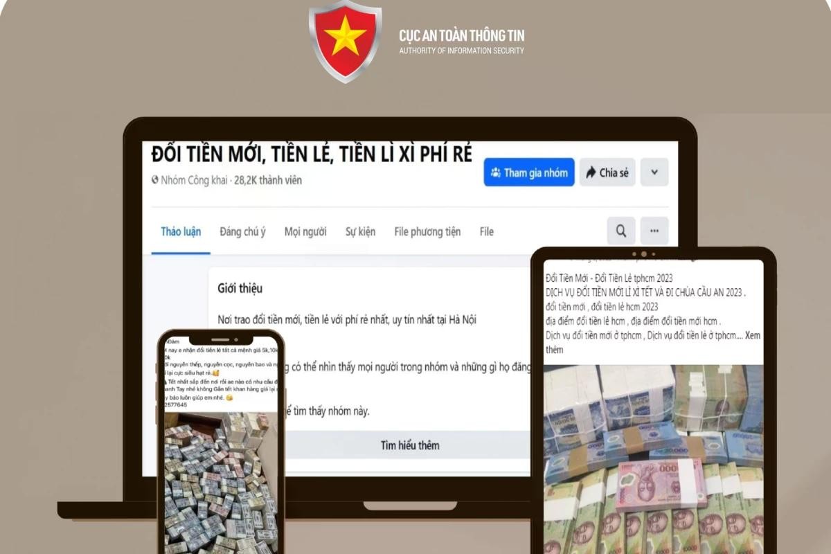 Nguy cơ bị lừa đảo trực tuyến với dịch vụ đổi tiền dịp Tết qua mạng xã hội (Nguồn: Cục An toàn thông tin) Nguy cơ bị lừa đảo trực tuyến với dịch vụ đổi tiền dịp Tết qua mạng xã hội (Nguồn: Cục An toàn thông tin)