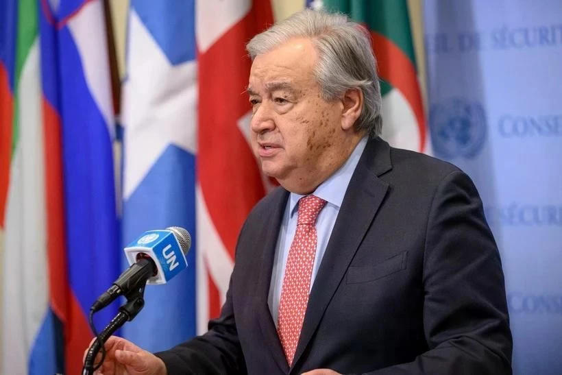 Tổng Thư ký Liên hợp quốc Antonio Guterres phát biểu tại cuộc họp báo ở New York, Mỹ.