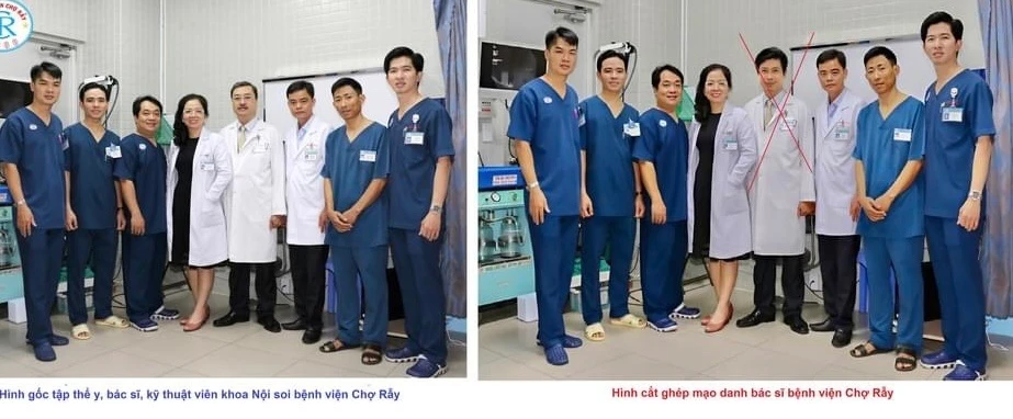 Các đối tượng sử dụng hình ảnh tập thể khoa Nội soi bệnh viện Chợ Rẫy để cắt ghép đưa hình bác sĩ giả mạo. Ảnh: BVCC