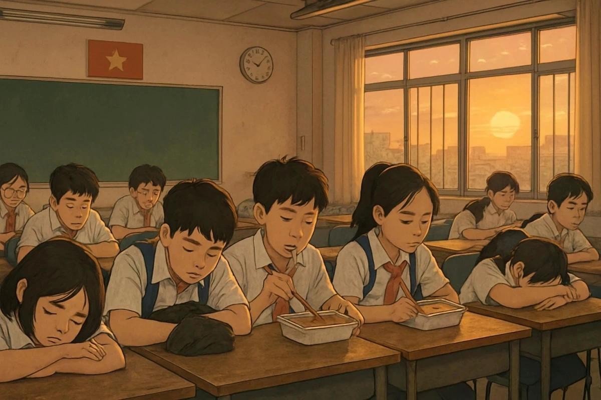 Học sinh mệt mỏi sau giờ học chính khóa, vội vã ăn uống để kịp giờ học thêm (Ảnh minh họa). Học sinh mệt mỏi sau giờ học chính khóa, vội vã ăn uống để kịp giờ học thêm (Ảnh minh họa).