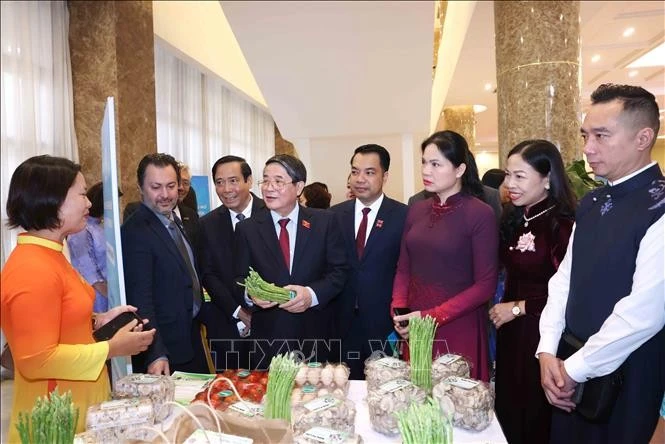 Đại biểu tham quan gian trưng bày sản phẩm Phụ nữ sáng tạo và chuyển đổi xanh.