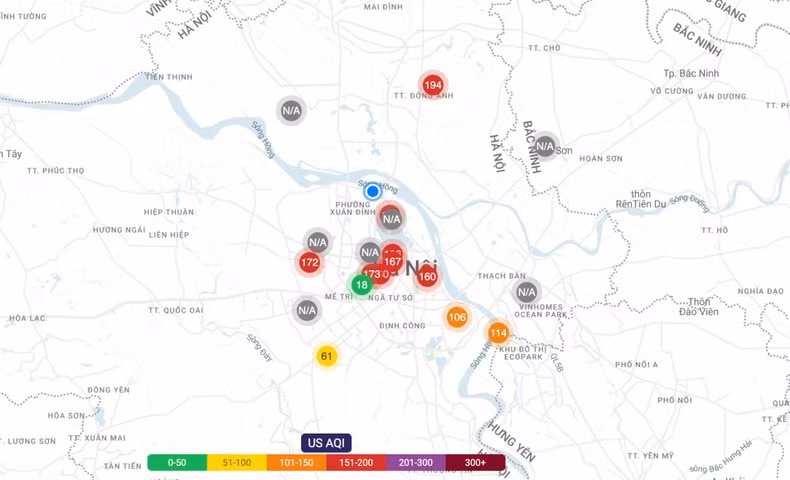 Bản đồ thể hiện chất lượng không khí của PAL Air sáng 7/10.
