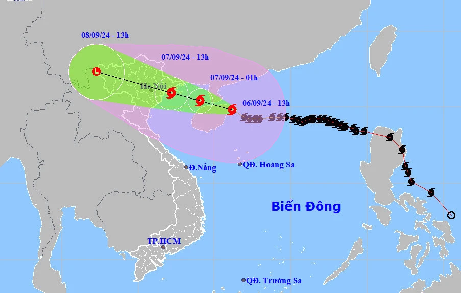 Dự báo đường đi và khu vực ảnh hưởng của bão Yagi. Ảnh: Trung tâm Dự báo Khí tượng Thủy văn quốc gia
