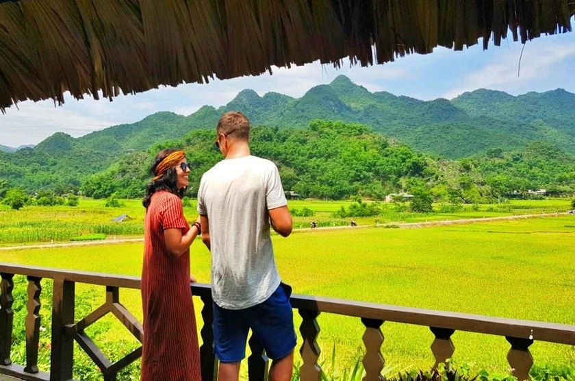 Du khách chiêm ngưỡng vẻ đẹp những cánh đồng lúa tại Mai Châu, Hoà Bình trong khuôn khổ tour du lịch sinh thái xuyên 3 tỉnh Hoà Bình - Thanh Hoá - Ninh Bình.