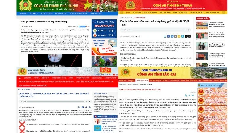 Ảnh chụp màn hình các thông báo cảnh báo của Công an thành phố Hà Nội, Công an tỉnh Bình Thuận, Công an tỉnh Hà Nam và Công an tỉnh Lào Cai về tình trạng lừa đảo mua bán vé máy bay giá rẻ qua mạng dịp lễ 30/4 và 1/5.