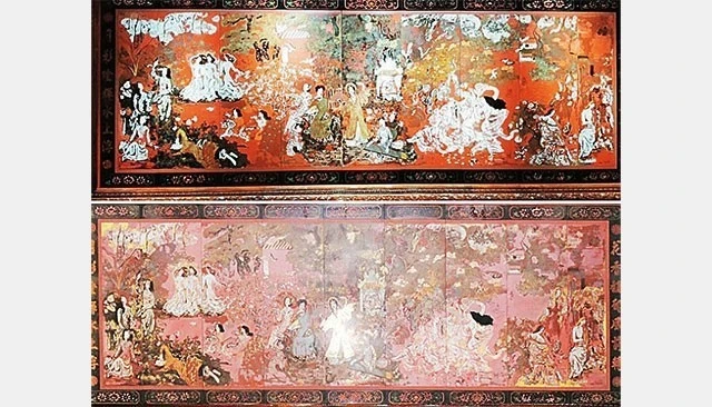 Bảo vật quốc gia, bức tranh “Vườn xuân Trung Nam Bắc” của danh họa Nguyễn Gia Trí trước và sau khi bị làm hỏng.