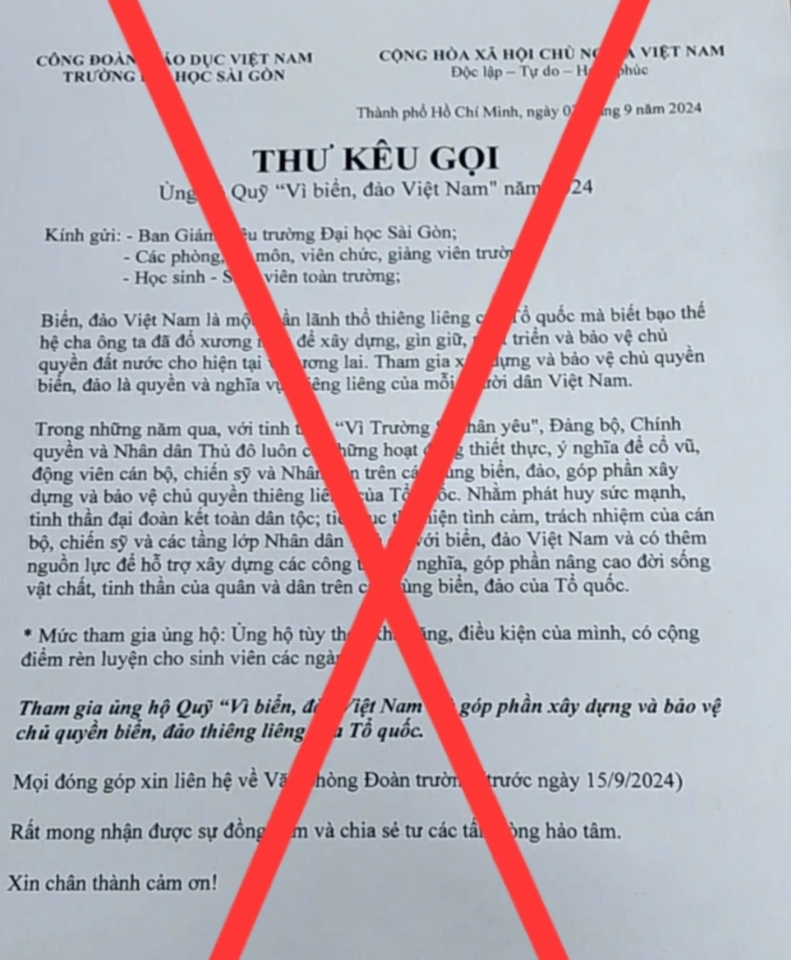 Thư kêu gọi ủng hộ quỹ ''Vì biển, đảo Việt Nam'' năm 2024 mạo danh Trường ĐH Sài Gòn.