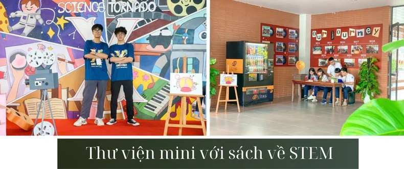 Thư viện mini được thiết kế tại sảnh các tòa nhà tại Trường chuyên Hà Nội - Amsterdam, rất tiện lợi giúp các em học sinh "học mà chơi, chơi mà học".