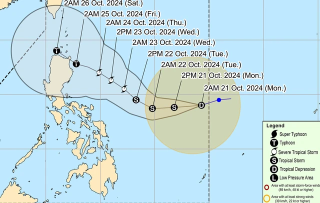 Áp thấp nhiệt đới Kristine được dự báo có thể mạnh lên thành bão vào cuối buổi chiều nay - Ảnh: PAGASA