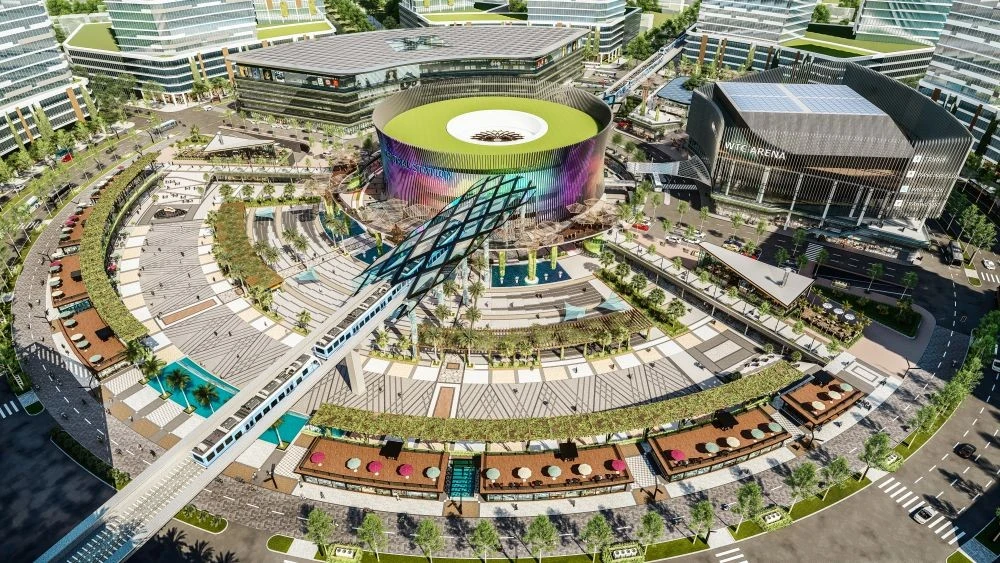 Vòng xoay A1 tại Thành phố mới Bình Dương có nhà ga trung tâm kết nối với tuyến metro Bến Thành - Suối Tiên của TP.Hồ Chí Minh để tăng tính kết nối. Trong ảnh: Phối cảnh Vòng xoay A1.