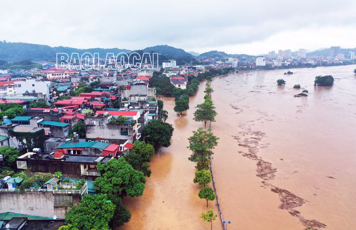 [Ảnh] Nước sông Hồng dâng cao, nhiều khu vực ở thành phố Lào Cai ngập sâu trong nước