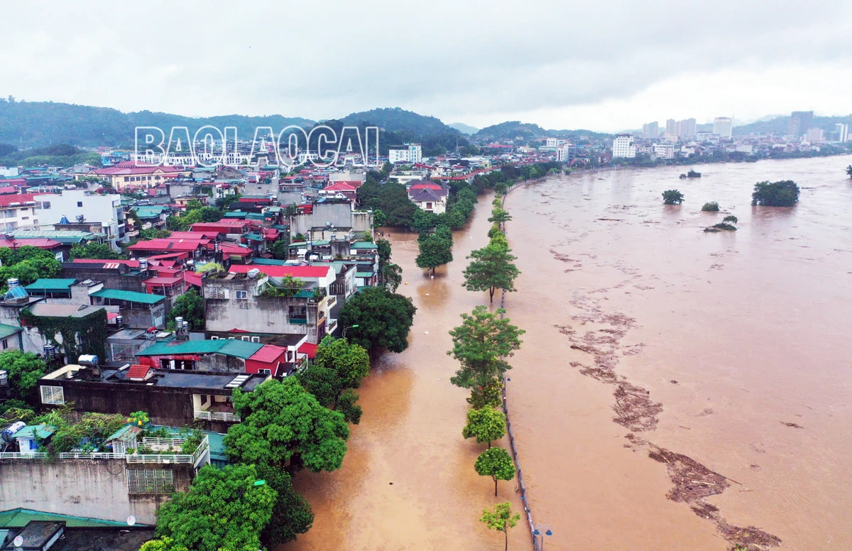 [Ảnh] Nước sông Hồng dâng cao, nhiều khu vực ở thành phố Lào Cai ngập sâu trong nước