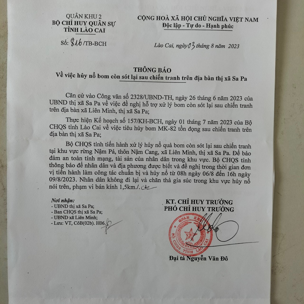 Thông báo của Bộ Chỉ huy Quân sự tỉnh Lào Cai. thông báo.jpg