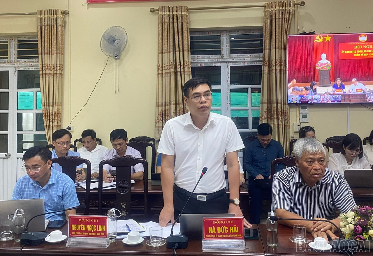 Đồng chí Hà Đức Hải, Phó Chủ tịch Ủy ban MTTQ tỉnh đồng thời là Bí thư Tỉnh đoàn phát biểu tại Hội nghị. baolaocai-br_z6794266805073-0a35408708bbbec951a706845c255c75-1.jpg