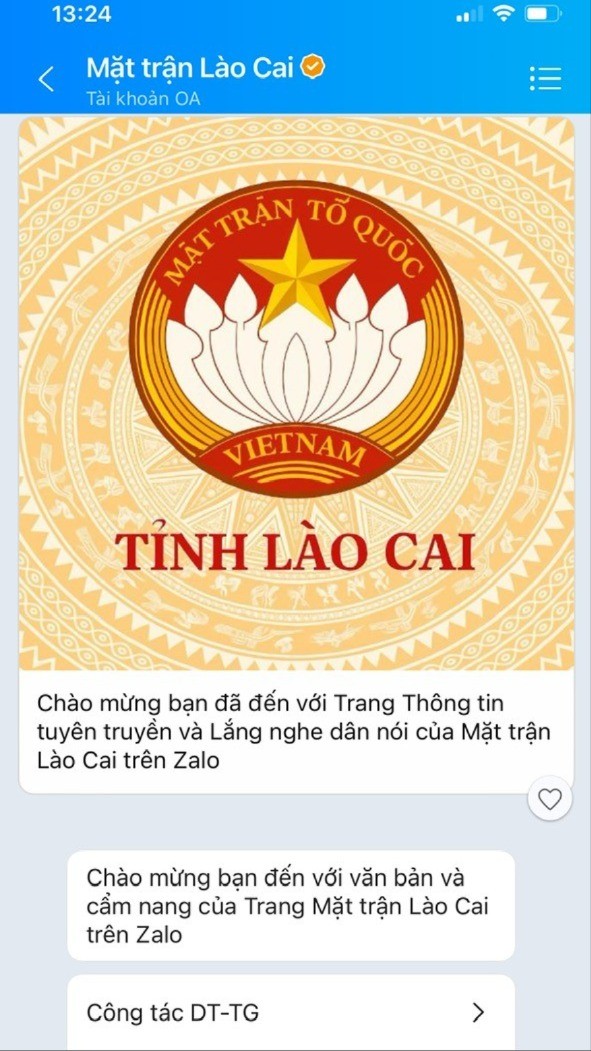 Trang zalo OA “Mặt trận Lào Cai thông tin tuyên truyền và lắng nghe dân nói”. z6922443261227-06370e84fa2960af941a40b835741de3-8675.jpg