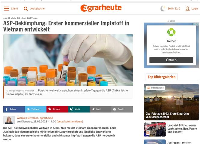 Báo Đức: Việt Nam phát triển vaccine phòng dịch tả lợn châu Phi đầu tiên trên thế giới ảnh 1 Chú thích ảnh