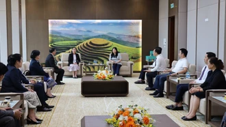 Phó Chủ tịch UBND tỉnh Vũ Thị Hiền Hạnh tiếp xã giao Đoàn công tác Sở Y tế tỉnh Viêng Chăn (Lào) 