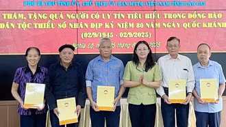 Đồng chí Giàng Thị Dung, Phó Bí thư Tỉnh ủy, Chủ tịch Ủy ban MTTQ Việt Nam tỉnh Lào Cai thăm và tặng quà tại phường Nghĩa Lộ