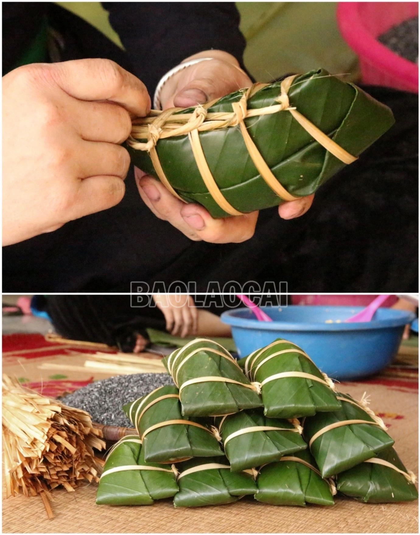 Sau đó, dùng dây lạt quấn quanh bánh chưng, xoắn chặt dây để cố định bánh. Mỗi lần dùng được buộc khoảng 3 - 4 dây lạt.