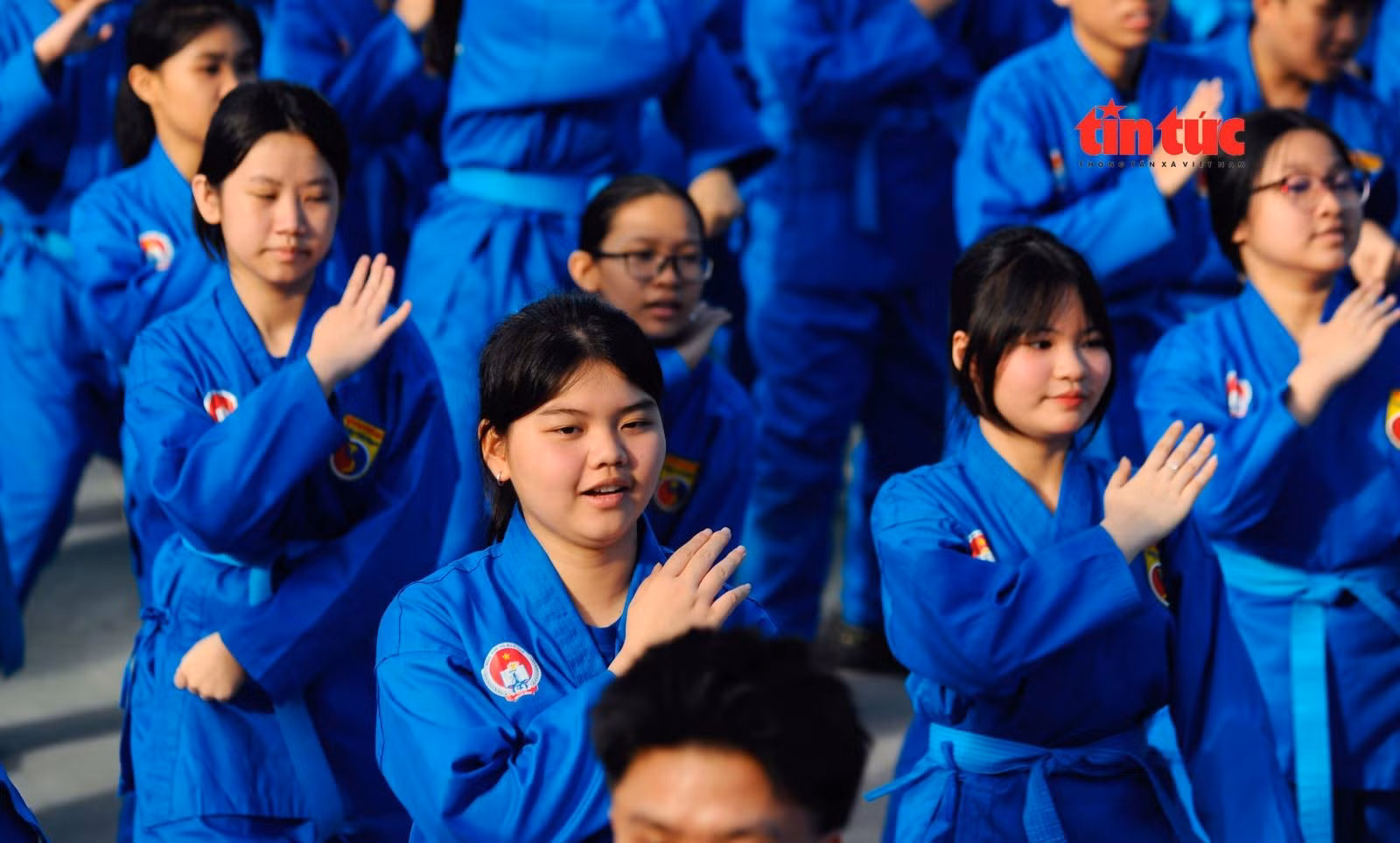 Các võ sinh trình diễn các động tác trong võ thuật Vovinam tại buổi đồng diễn.