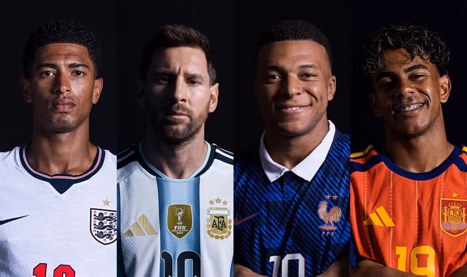 Jude Bellingham, Lionel Messi, Kylian Mbappé và Lamine Yamal là những gương mặt tiêu biểu của bốn đội tuyển mạnh nhất góp mặt ở bán kết World Cup 2026. Ảnh: FIFA