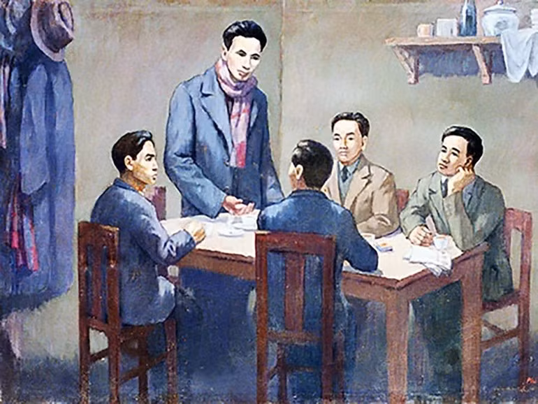 Hội nghị thành lập Đảng Cộng sản Việt Nam ngày 3/2/1930. (Ảnh chụp lại tranh của họa sĩ Phi Hoanh tại Bảo tàng Lịch sử quốc gia)