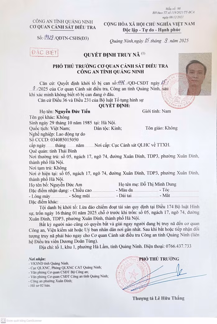 Quyết định truy nã đối với Nguyễn Đức Tiến