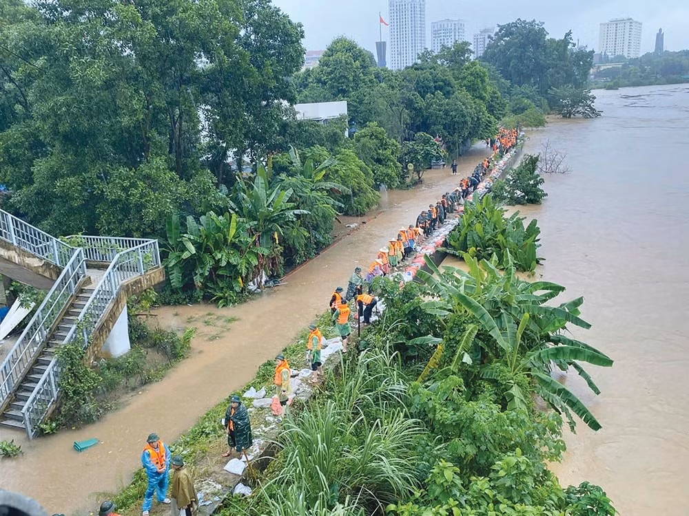 Lực lượng quân đội, công an phối hợp nhân dân tỉnh Thái Nguyên củng cố đê sông Cầu đoạn qua phường Phan Đình Phùng. Ảnh: Báo Thái Nguyên