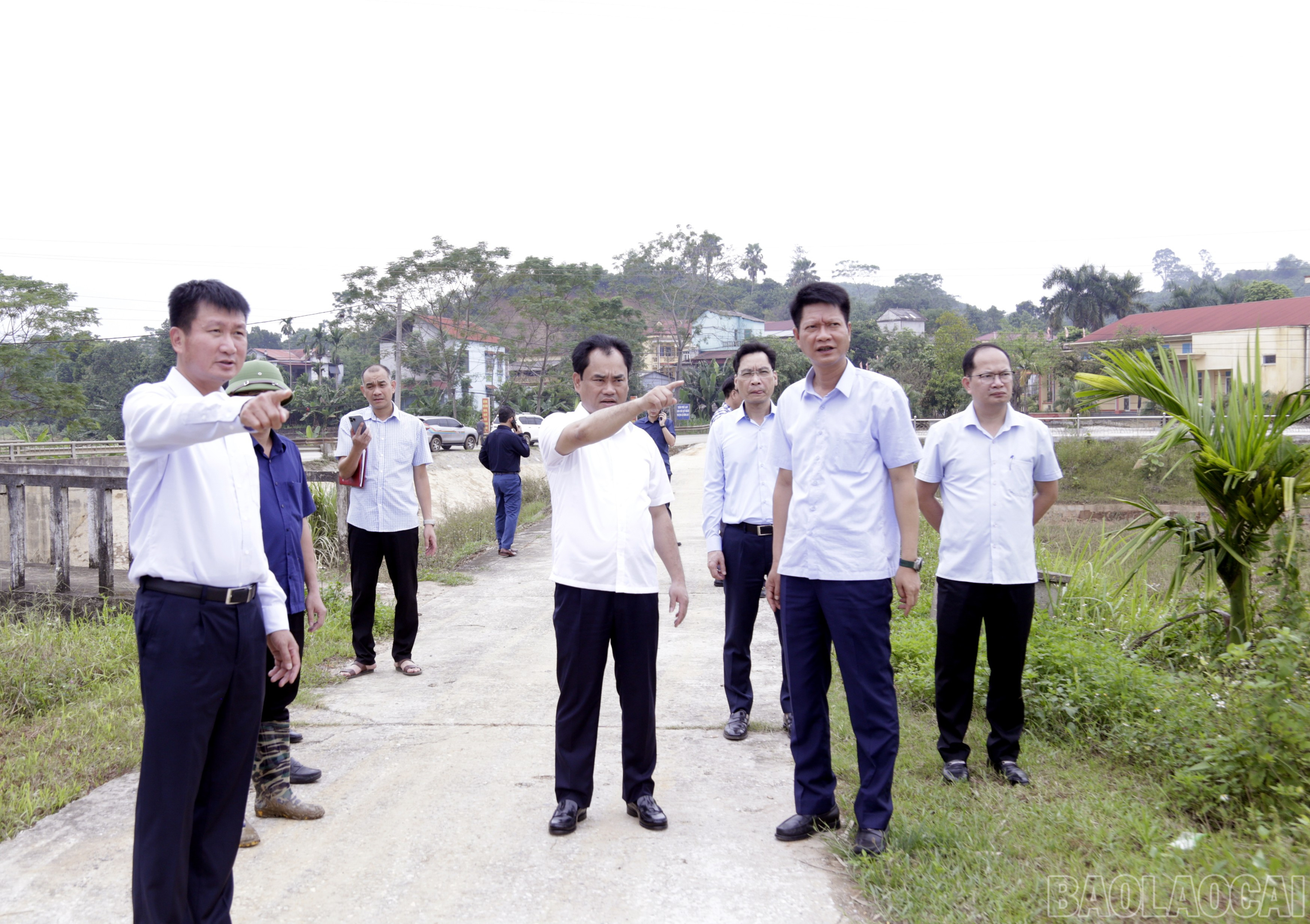 Bí thư Tỉnh ủy Trịnh Việt Hùng cùng đoàn công tác khảo sát, nghiên cứu thực địa tại khu vực đê Việt Thành, xã Trấn Yên. baolaocai-br_mg-9424.jpg
