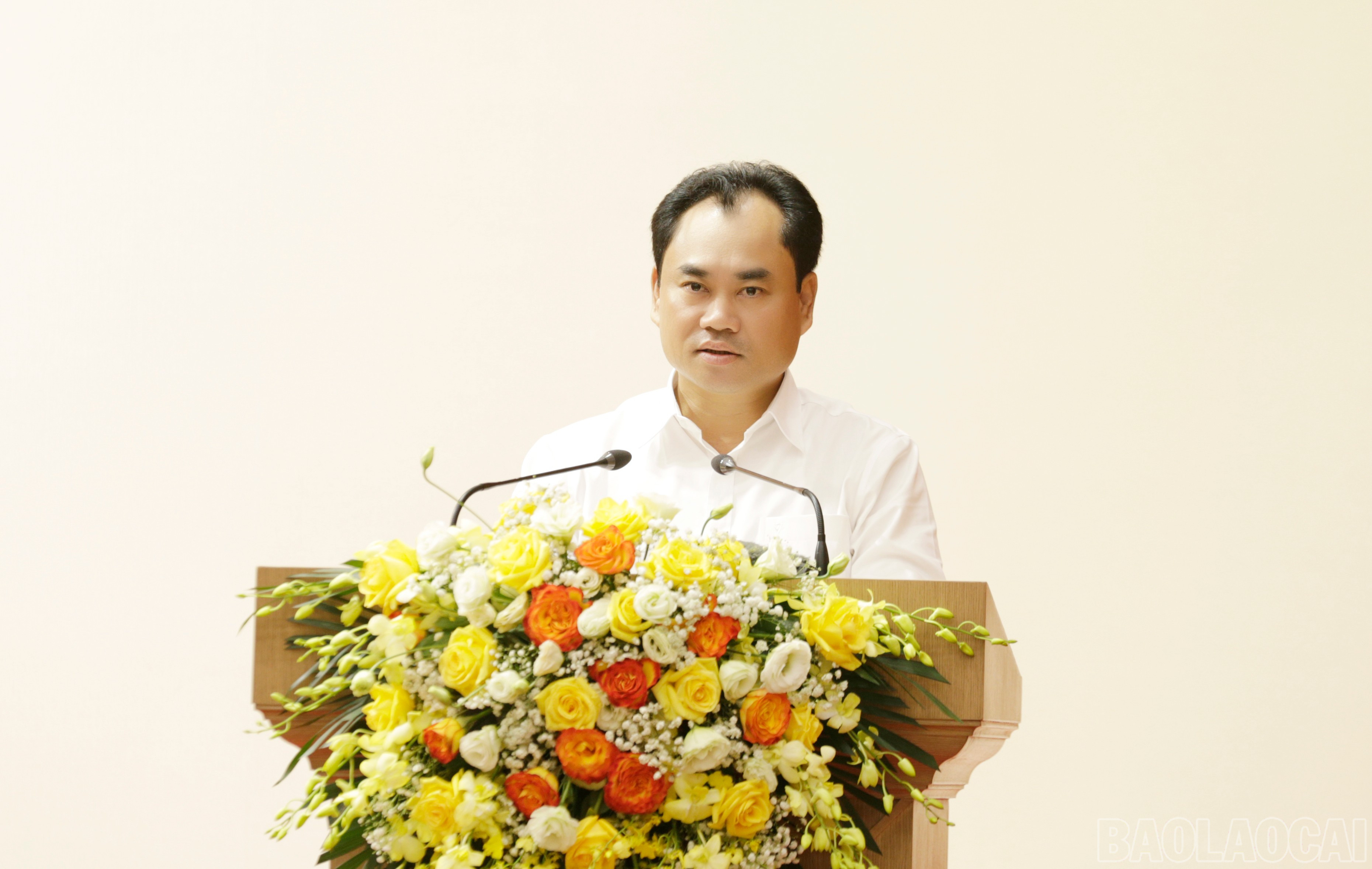 Đồng chí Trịnh Việt Hùng - Ủy viên dự khuyết Ban Chấp hành Trung ương Đảng, Bí thư Tỉnh ủy, Chủ tịch HĐND tỉnh phát biểu kết luận hội nghị. baolaocai-br_mg-9768-3191.jpg