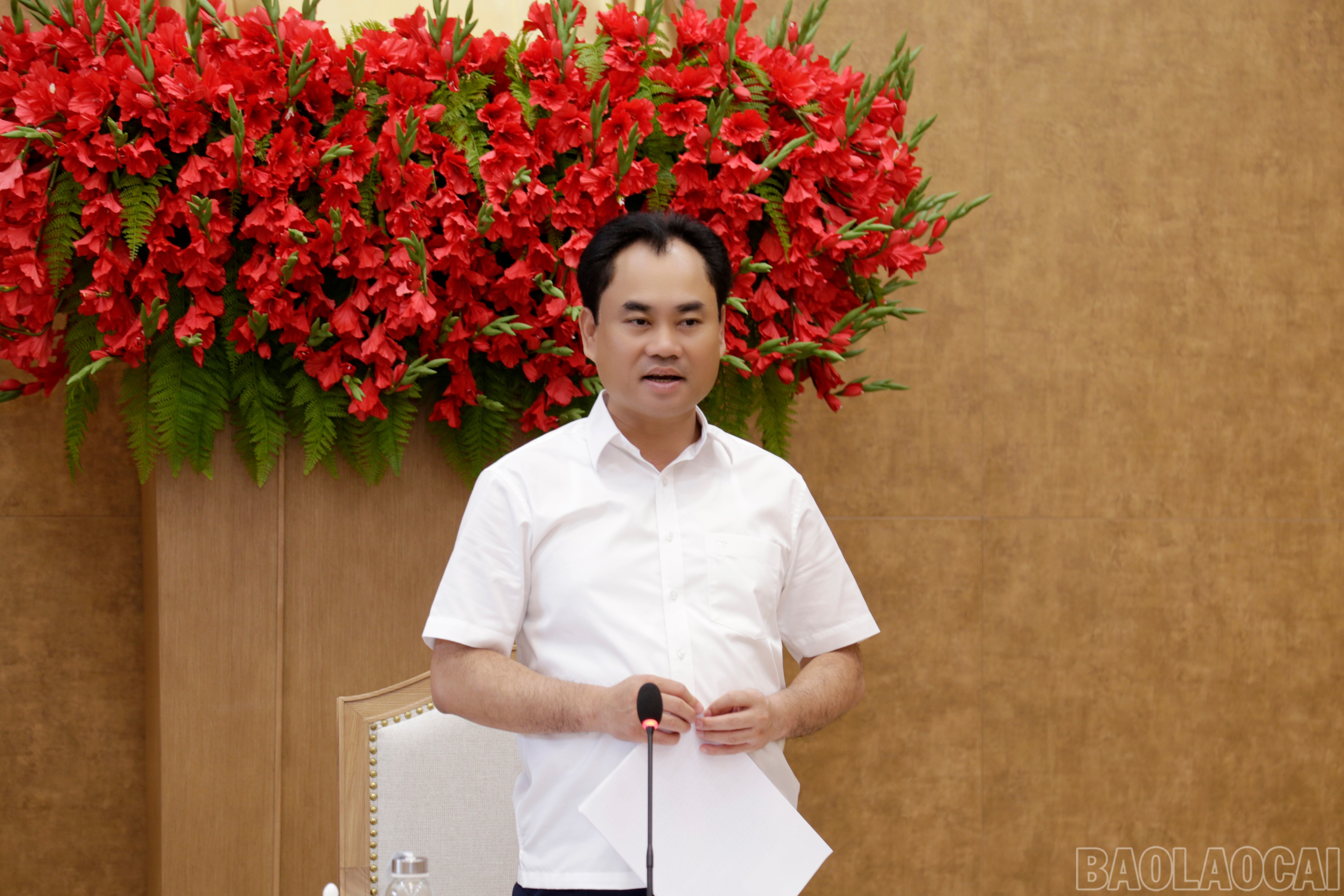 Đồng chí Trịnh Việt Hùng - Ủy viên dự khuyết Ban Chấp hành Trung ương Đảng, Bí thư Tỉnh ủy phát biểu kết luận tại buổi làm việc. baolaocai-br_mg-9641.jpg