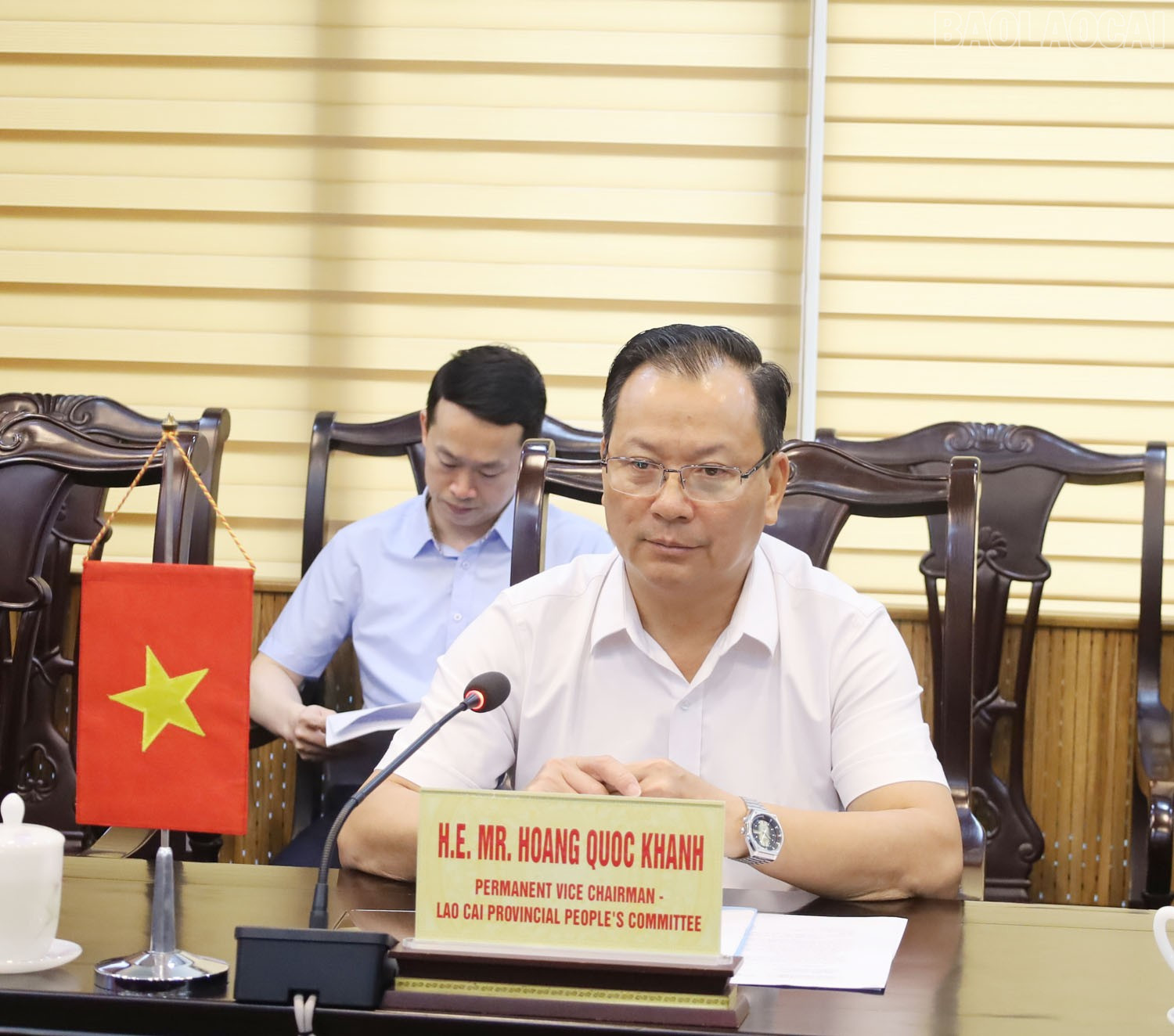 Đồng chí Hoàng Quốc Khánh, Ủy viên Ban Thường vụ Tỉnh ủy, Phó Chủ tịch Thường trực UBND tỉnh Lào Cai phát biểu tại buổi lễ. baolaocai-tr_a.jpg