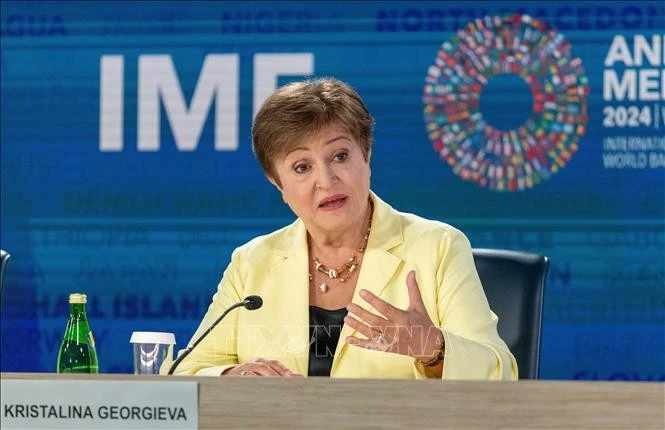 Tổng Giám đốc IMF Kristalina Georgieva phát biểu tại cuộc họp báo ở Washington, D.C. (Ảnh tư liệu)