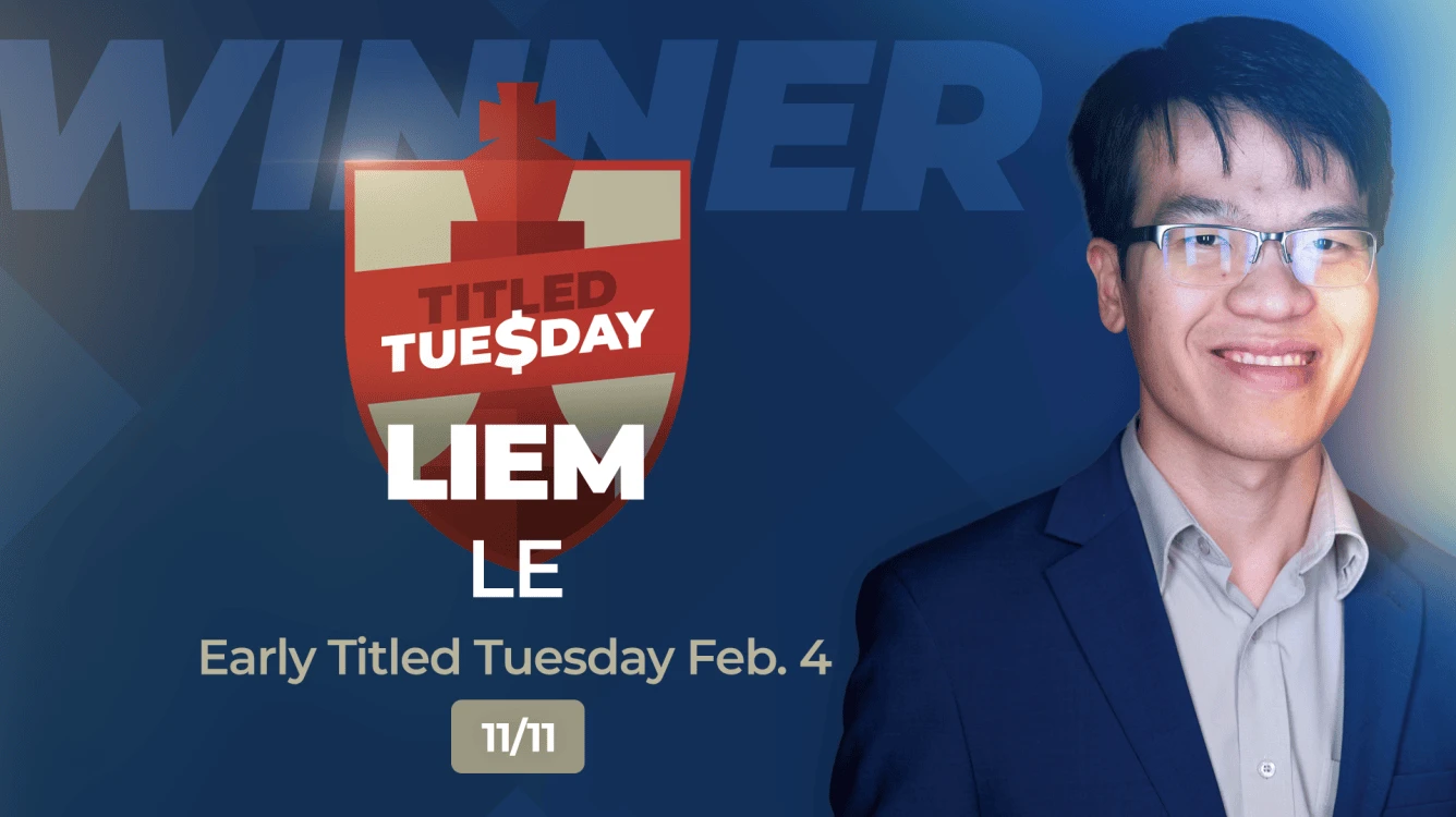 Chess.com đăng hình chúc mừng nhà vô địch Lê Quang Liêm trong sự kiện Titled Tuesday.