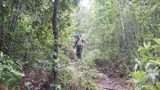 Lực lượng kiểm lâm cùng tổ xung kích bảo vệ rừng của các thôn thường xuyên tuần tra rừng trong thời điểm khô hanh.
