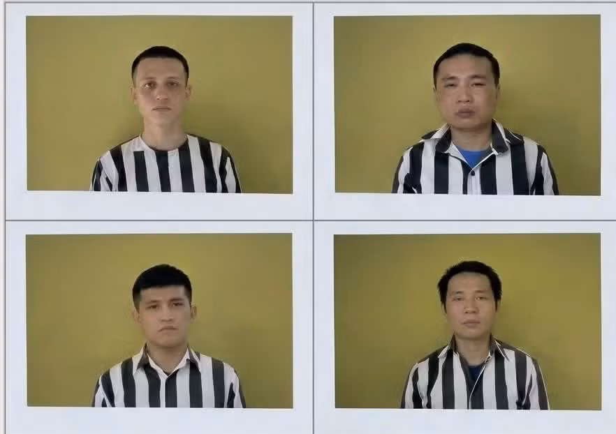 4 phạm nhân đã trốn khỏi trại giam A2- Bộ Công an: Võ Hoàng Duy, Lê Văn Cường (từ trái qua, hàng trên); Hồ Văn Tình, Lữ Văn Toàn (hàng dưới, từ trái qua)