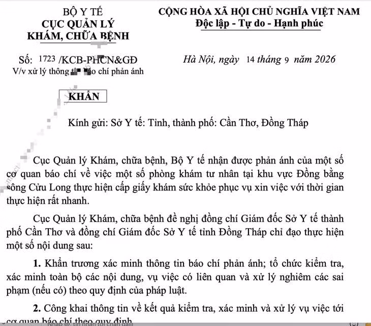Công văn của Cục Quản lý Khám chữa bệnh gửi Sở Y tế TP Cần Thơ và Sở Y tế tỉnh Đồng Tháp. Ảnh: PV
