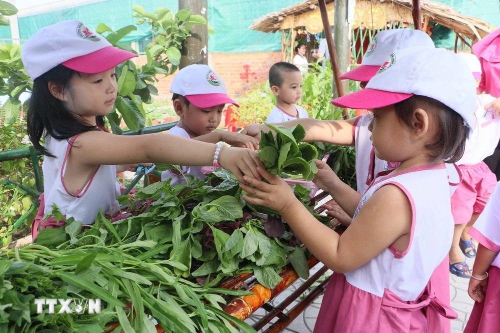 Trẻ em Trường Mầm non Hoa Sen, phường 2, thành phố Vĩnh Long, tỉnh Vĩnh Long, tham gia phiên chợ quê.