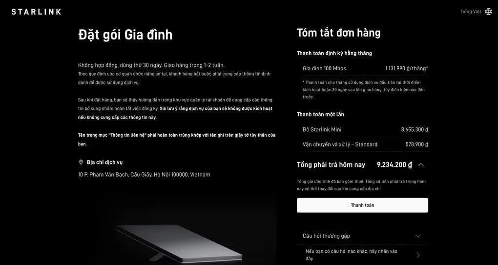 Starlink công bố gói cước gia đình tại Việt Nam.
