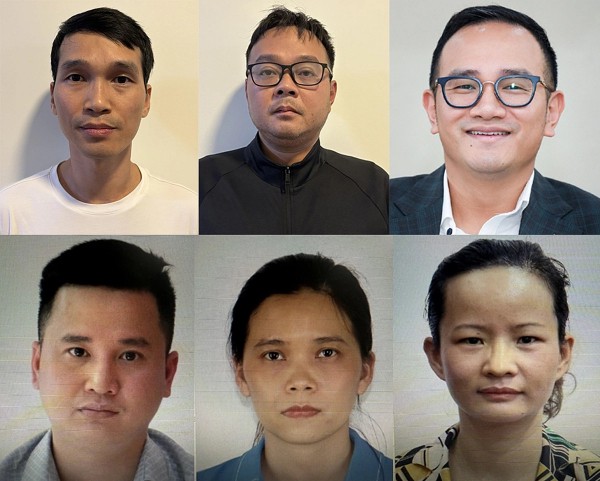 Bị can Phạm Văn Hùng, Trịnh Quốc Khánh và Đào Hữu Duy Anh, An Văn Bắng, Đào Thị Mai, Hoàng Thúy Hà (từ trái qua, từ trên xuống).