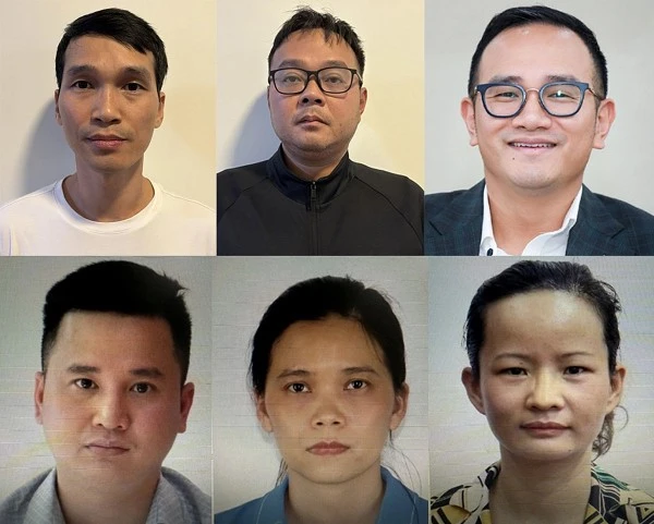 Bị can Phạm Văn Hùng, Trịnh Quốc Khánh và Đào Hữu Duy Anh, An Văn Bắng, Đào Thị Mai, Hoàng Thúy Hà (từ trái qua, từ trên xuống).